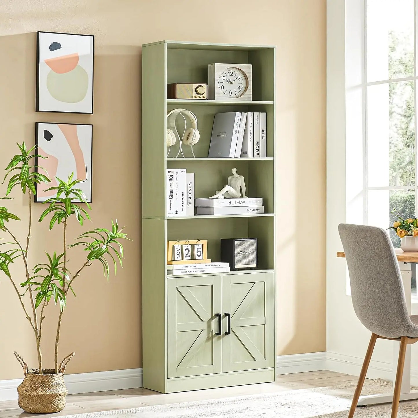 Bookshelf 70in Tall, 6 Tier Bookcase with Barn Doors and Adjustable Shelf, Green Farmhouse Book Shelves Storage Cabinet