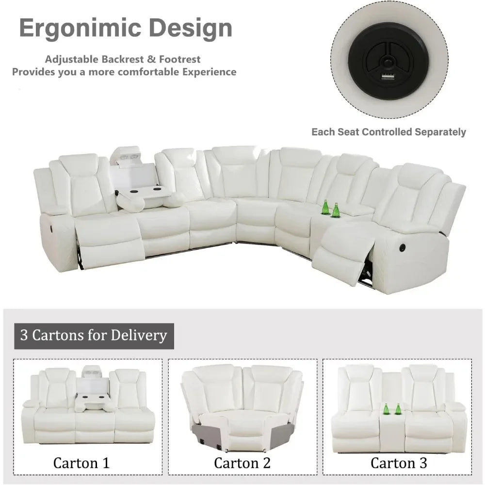 Living Room Sofa, Power Reclining Sectional Sofa with USB Chargers And Storage Console, Genuine Leather Recliner Sofa For Living Room