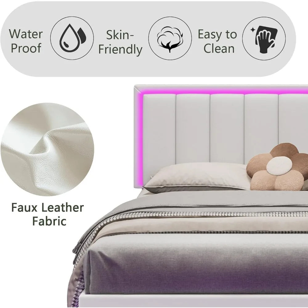 Floating Bed Frame Queen with RGB LED Lights, Upholstered Bed Frame Queen with Headboard, Solid Wood Slats Support