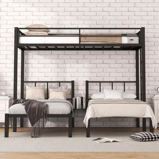 Bunk Beds Black Metal Triple Frame, Twin Over Twin & Twin Bunk Bed with Guardrails, Can Be Separated into 3  Beds for Kids, Bed Frames Only