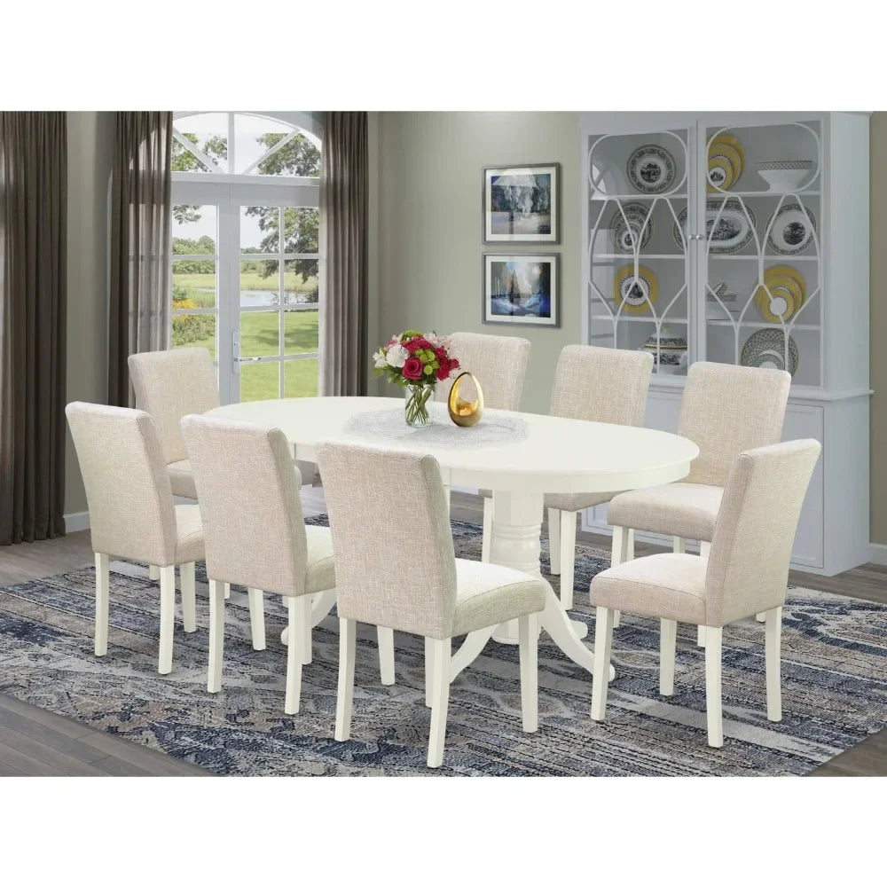 Dining Room Set 9-Piece Includes an Oval Wooden Table with Butterfly Leaf and 8 Light Beige