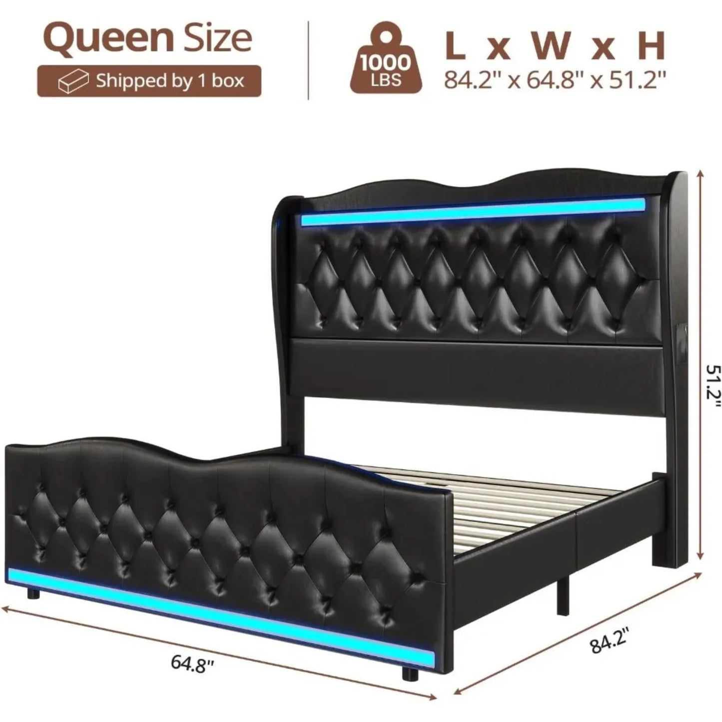 Bed Frame King Size or Queen Size with Tall Headboard with LED Lights & Charging Station, Upholstered Wing Headboard & Footboard, Bed