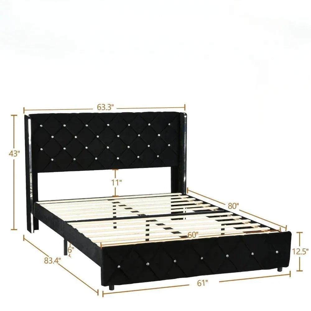 Bed Frame King Size or Queen Size or Full Size with Wingback, Upholstered Beds Frames with Diamond Tufted Headboard and Footboard, No Box Spring Needed