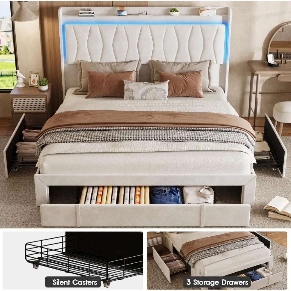 Bed Frame Queen Size or King Size with LED Light and 3 Drawers Storage, Charging Station Wingback Tall Headboard, Upholstered Velvet Platform Bed Frame