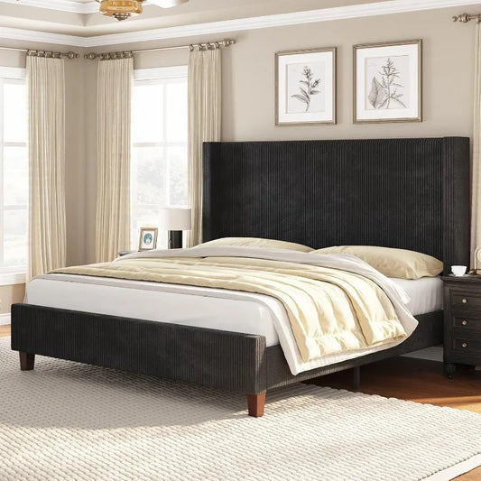 Bed Frame Platform 50.8 King Size Corduroy Upholstered Bed with Vertical Channel Tufted Headboard Wooden Slats Wingback Black