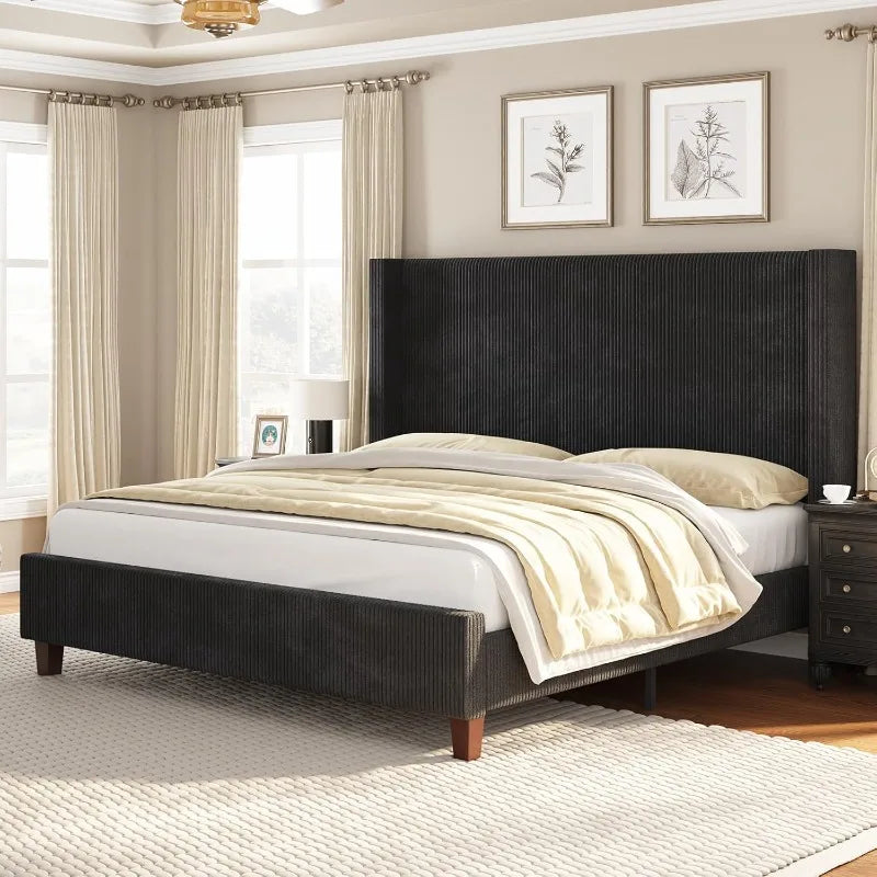 Bed Frame Platform 50.8 King Size Corduroy Upholstered Bed with Vertical Channel Tufted Headboard Wooden Slats Wingback Black