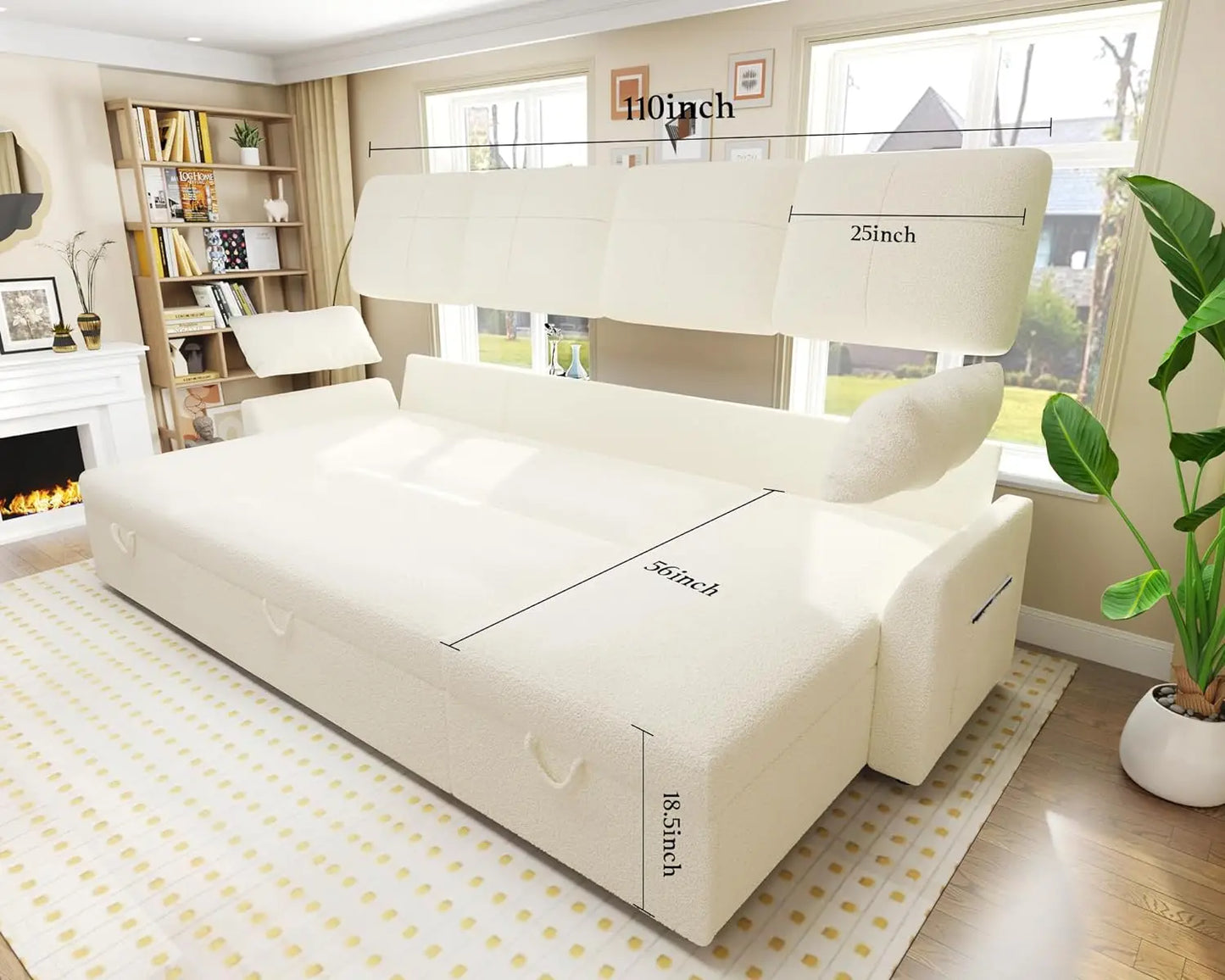 Living Room Sleeper Sofa with Double Storage Chaise for Living Room, White Boucle Couch