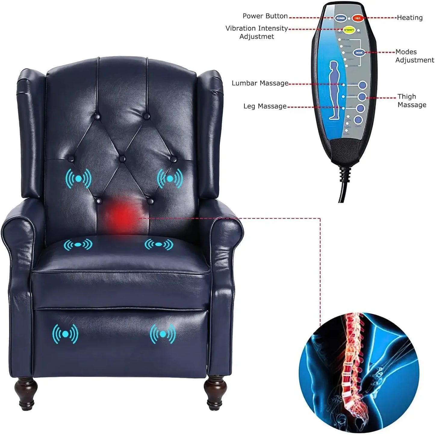 Chair Wingback Recliner Chair, Push Back Arm Chair with Heat and Massage, PU Leather Single Sofa for Home, Living Room