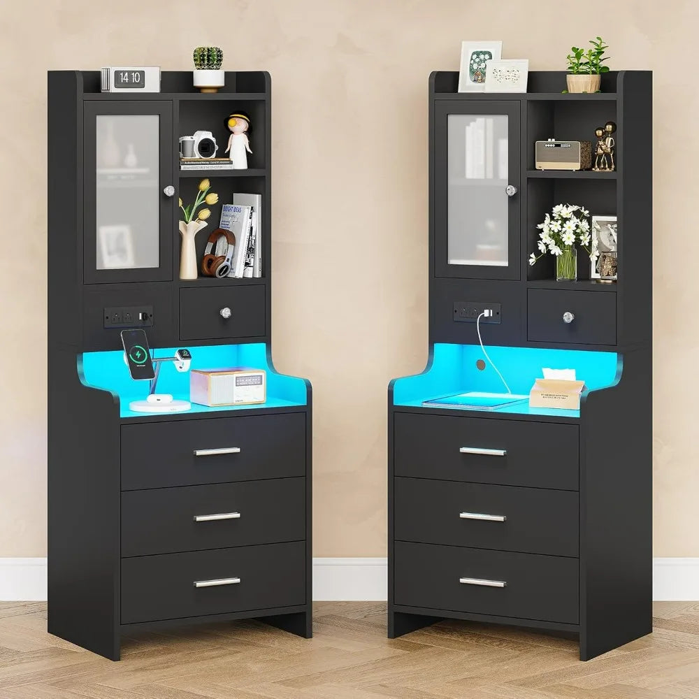 End Tables or Night Stands, Set of 2 with LED & Charging Station, Tall Bedside Table with Drawers & Shelves, End Side Table with Lights & Storage