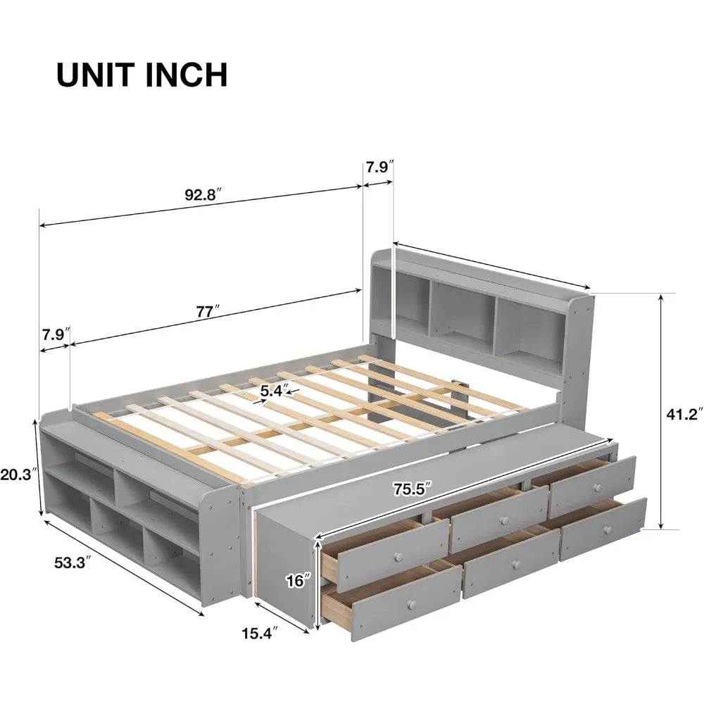 Bed Frame Wood Full Size with Storage, Bookcase Headboard, Platform Bed with 6 Storage Drawers, with Cabinet