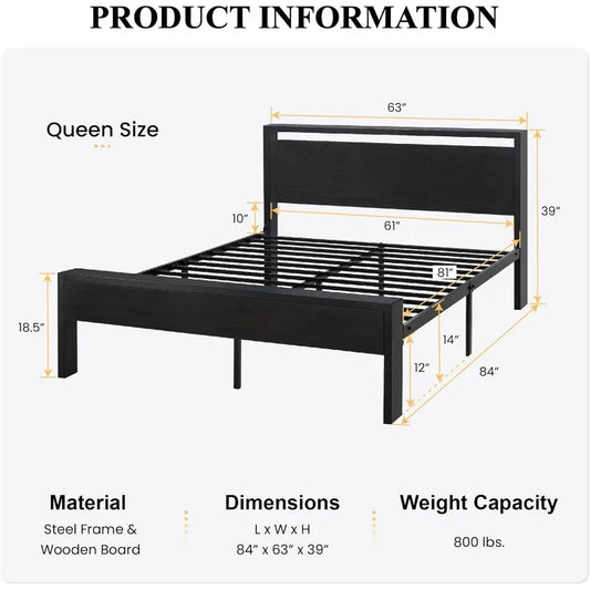 Bed Frame Metal Platform King Size, Queen Size or Full Size with Wooden Headboard and Footboard, Mattress Foundation, No Box Spring Needed