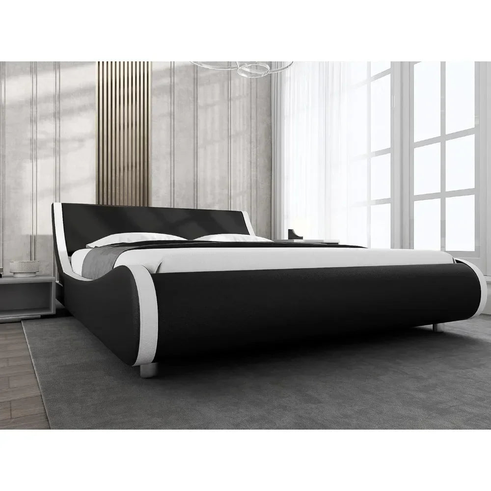 Soft padded oversized platform King Size bed frame, sled bed, artificial leather headboard, wooden board support, easy to assemble