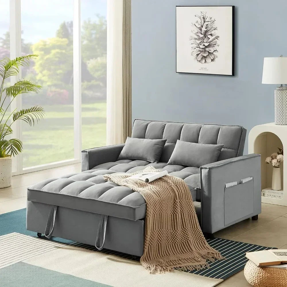 Living Room Modern Velvet Couch w/Pullout Bed, Small Love Seat Lounge Sofa w/Reclining Backrest, Toss Pillows, Pockets, Furniture