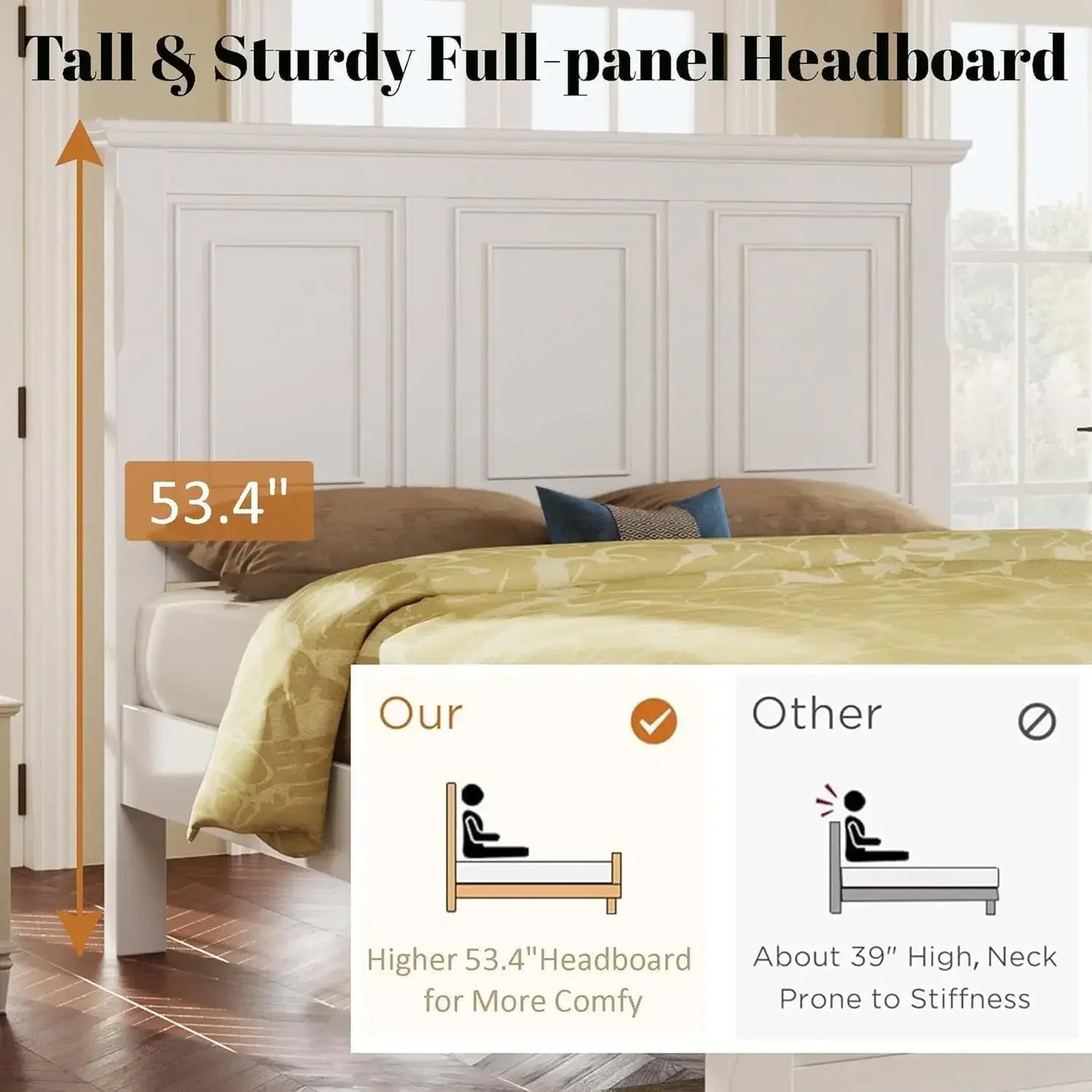 Platform Bed Queen Size with Tall Headboard & Footboard, Pinewood Queen Bed Frame with Wood Panel Bed Base, No Squeak