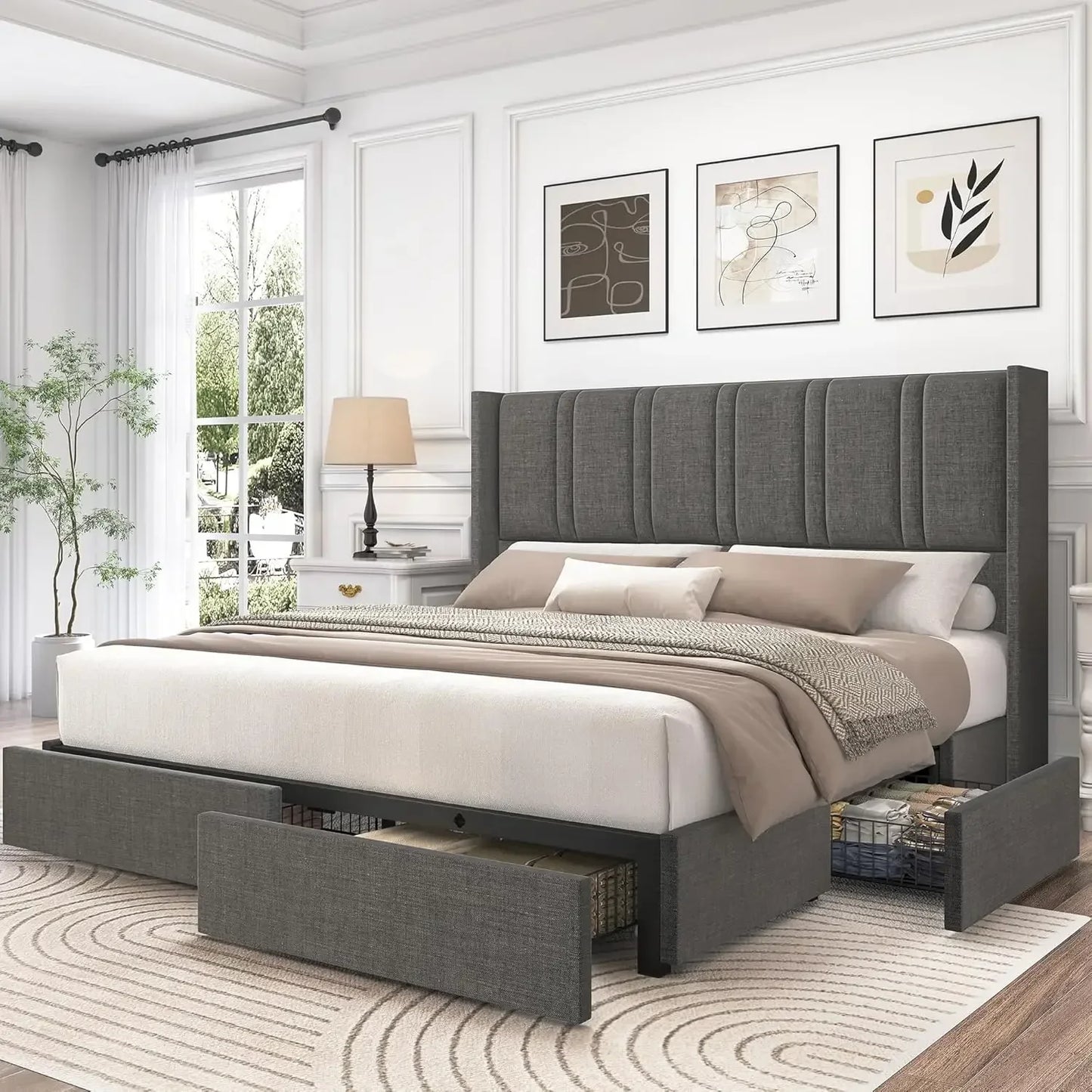 Wingback Headboard King Size or Queen Size, Linen Upholstered Platform Bed Frame with Wooden Slats, Easy Assembly