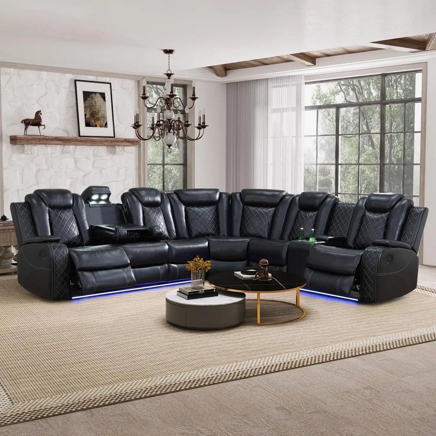 Living Room Sofa, Power Reclining Sectional Sofa with USB Chargers And Storage Console, Genuine Leather Recliner Sofa For Living Room