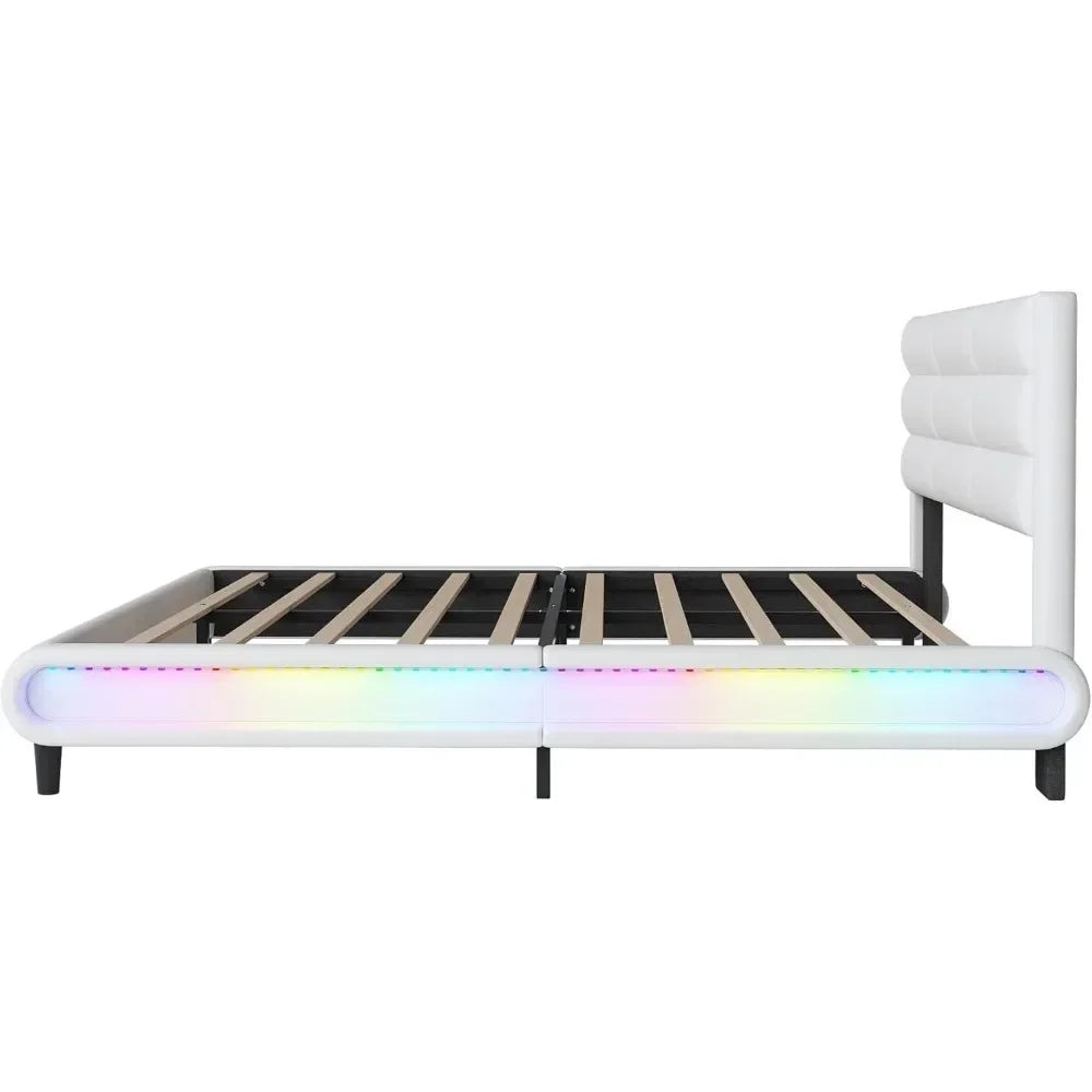 Upholstered Platform King Size Bed with LED Light Strips, Bed Frame with Headboard & Slat Support，No Box Spring Needed，Bed Frame