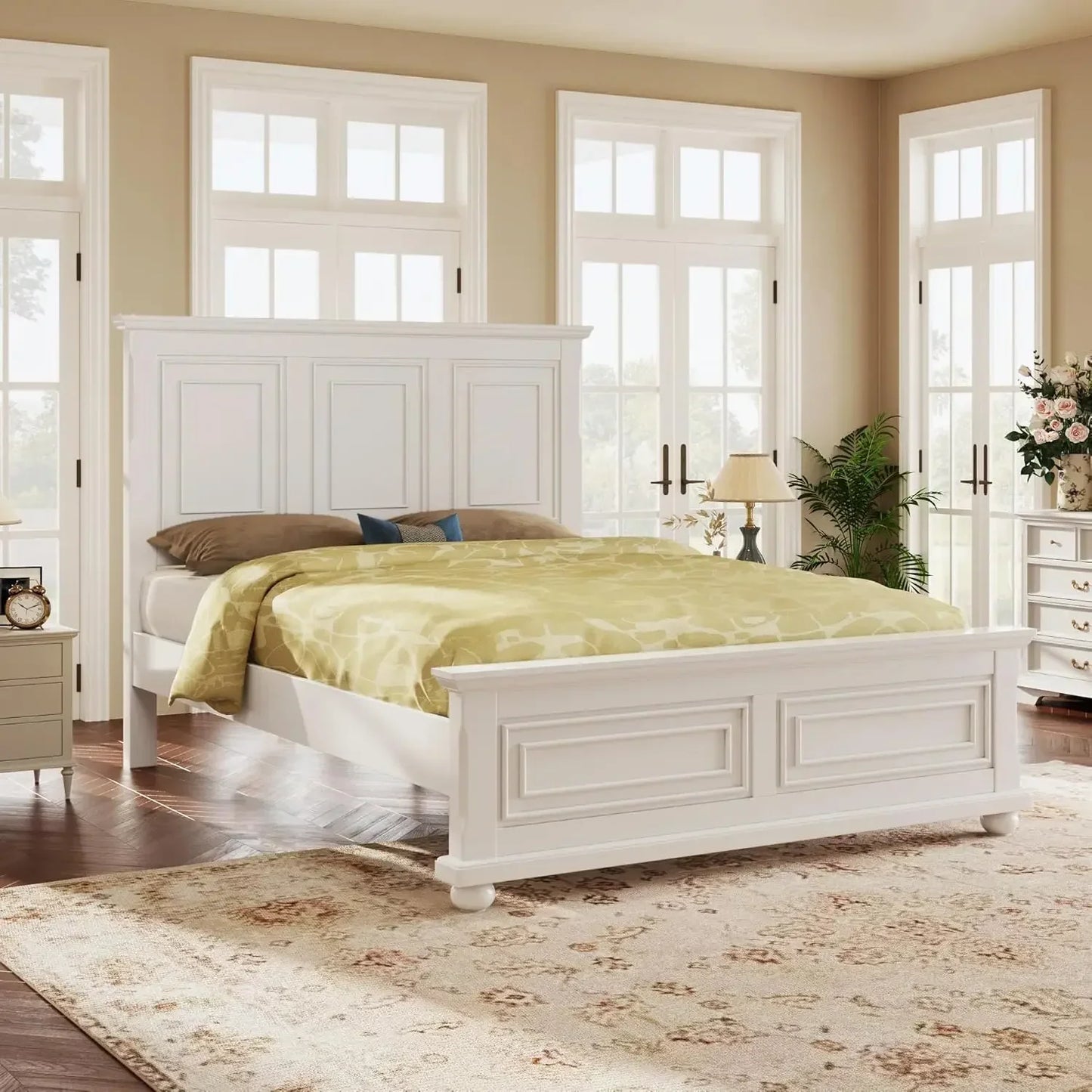 Platform Bed Queen Size with Tall Headboard & Footboard, Pinewood Queen Bed Frame with Wood Panel Bed Base, No Squeak