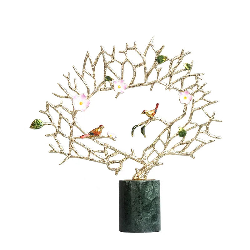 Metal Tree Simulated Plant Crystal Base Marble Grain Enamel Color Handmade Ornaments Golden Hollow Sculpture Figurine