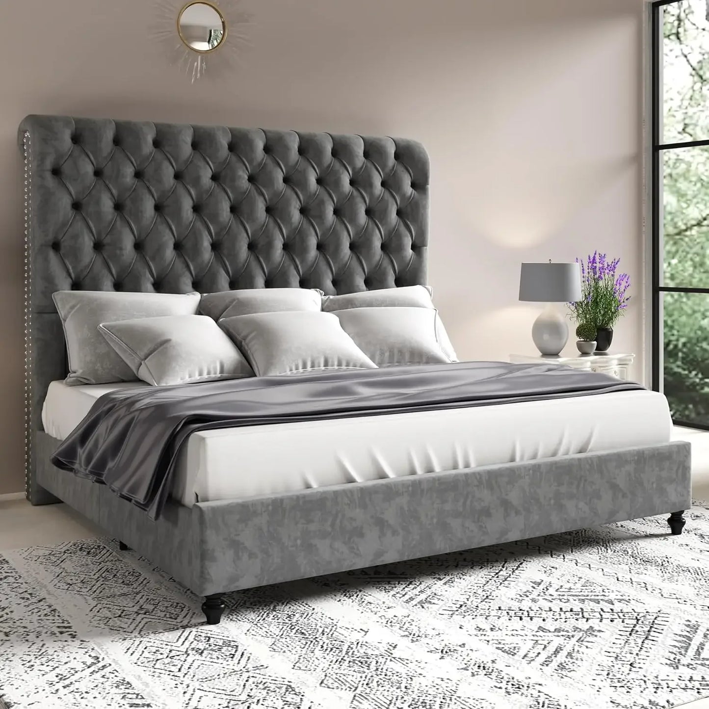 Bed Frame Queen Size or King Size with Sleigh Headboard, Velvet Upholstered Platform Beds, King Size Bed Frame