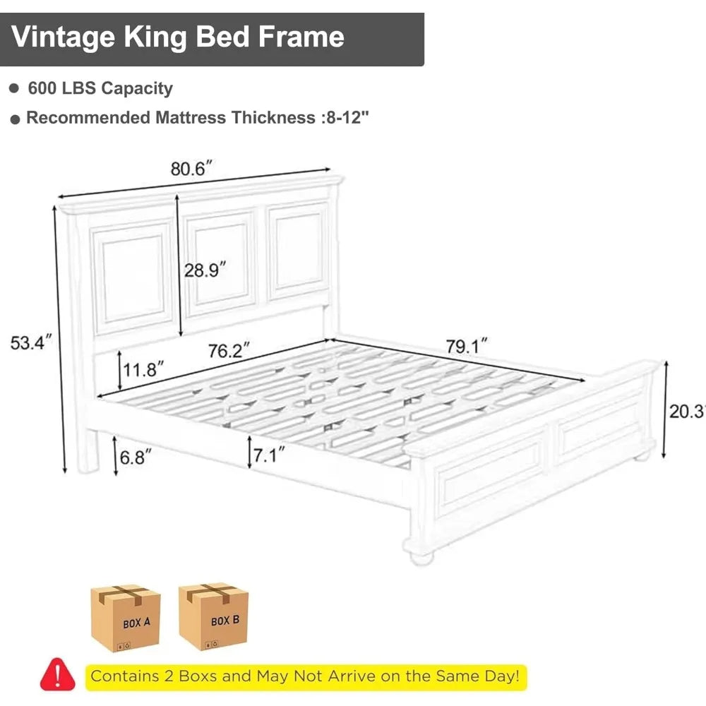 Platform Bed King Size or Queen Size with Tall Headboard  Footboard, Pinewood King Bed Frame with Wood Panel Bed Base,White,Bed Frames