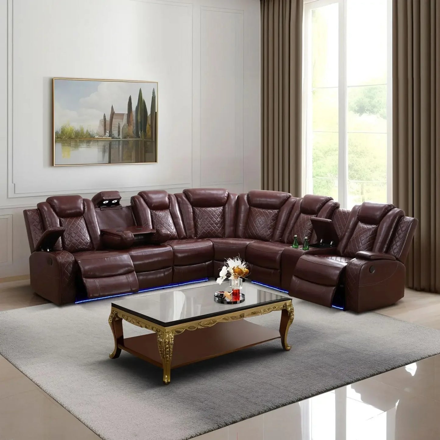 Living Room Sofa, Power Reclining Sectional Sofa with USB Chargers And Storage Console, Genuine Leather Recliner Sofa For Living Room