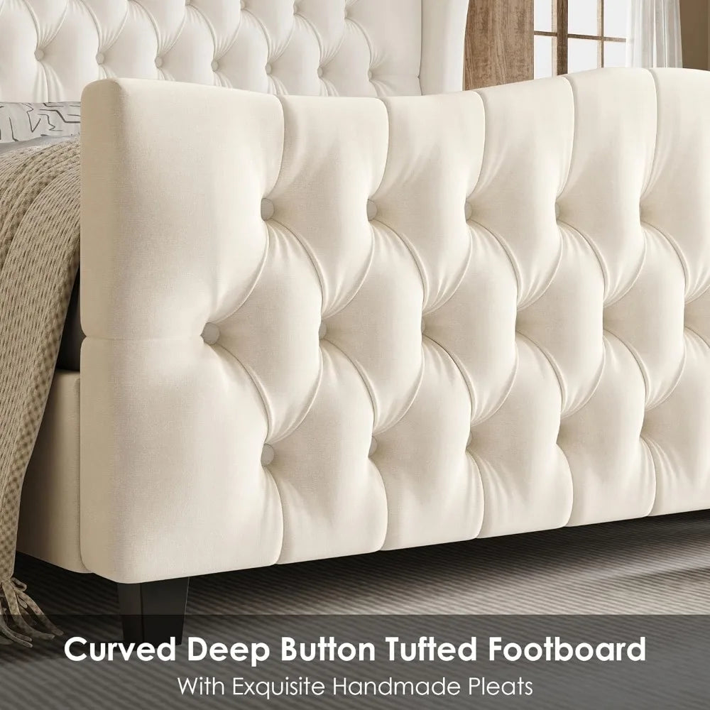 Bed Frame King Size or Queen Size or Full Size with Velvet Upholstered Deep Button Tufted Wingback Headboard and Footboard, No Box Spring Needed, King Bed Frame