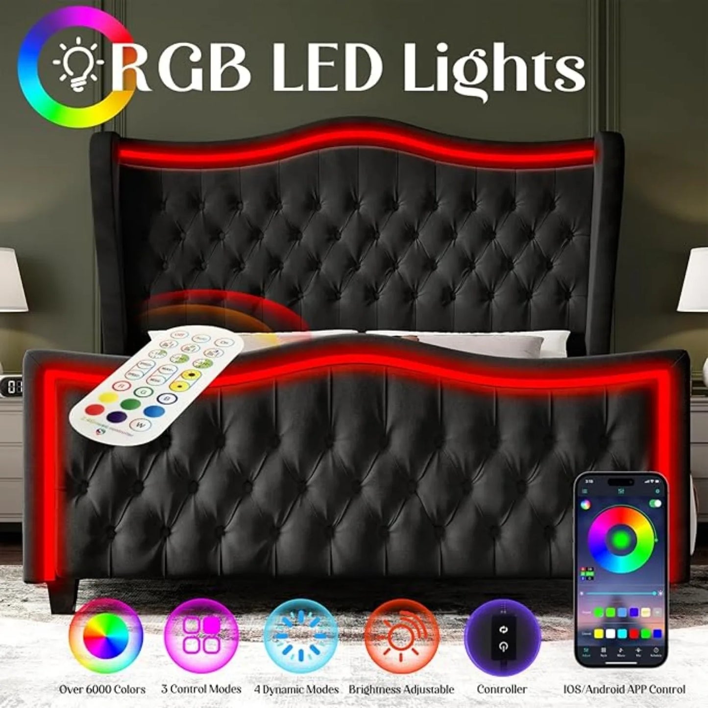 Bed Frame King Size or Queen Size w/LED Lights, 53'' Upholstered Platform Wingback Bed w/Handmade Deep Button Tufted Headboard Footboard