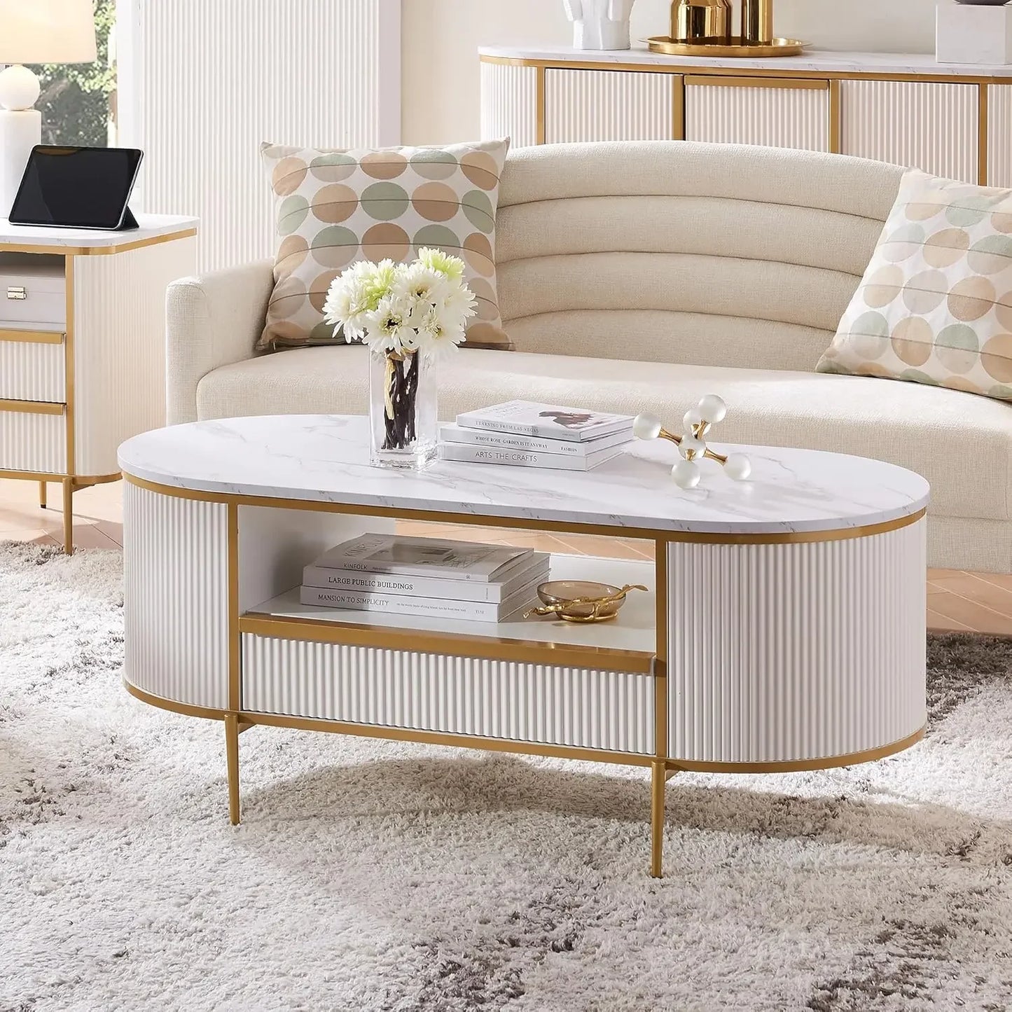 Coffee Table Modern Luxury Fluted , 48" Oval Coffee Table with Drawer, Faux Marble Top, Curved Profile Design