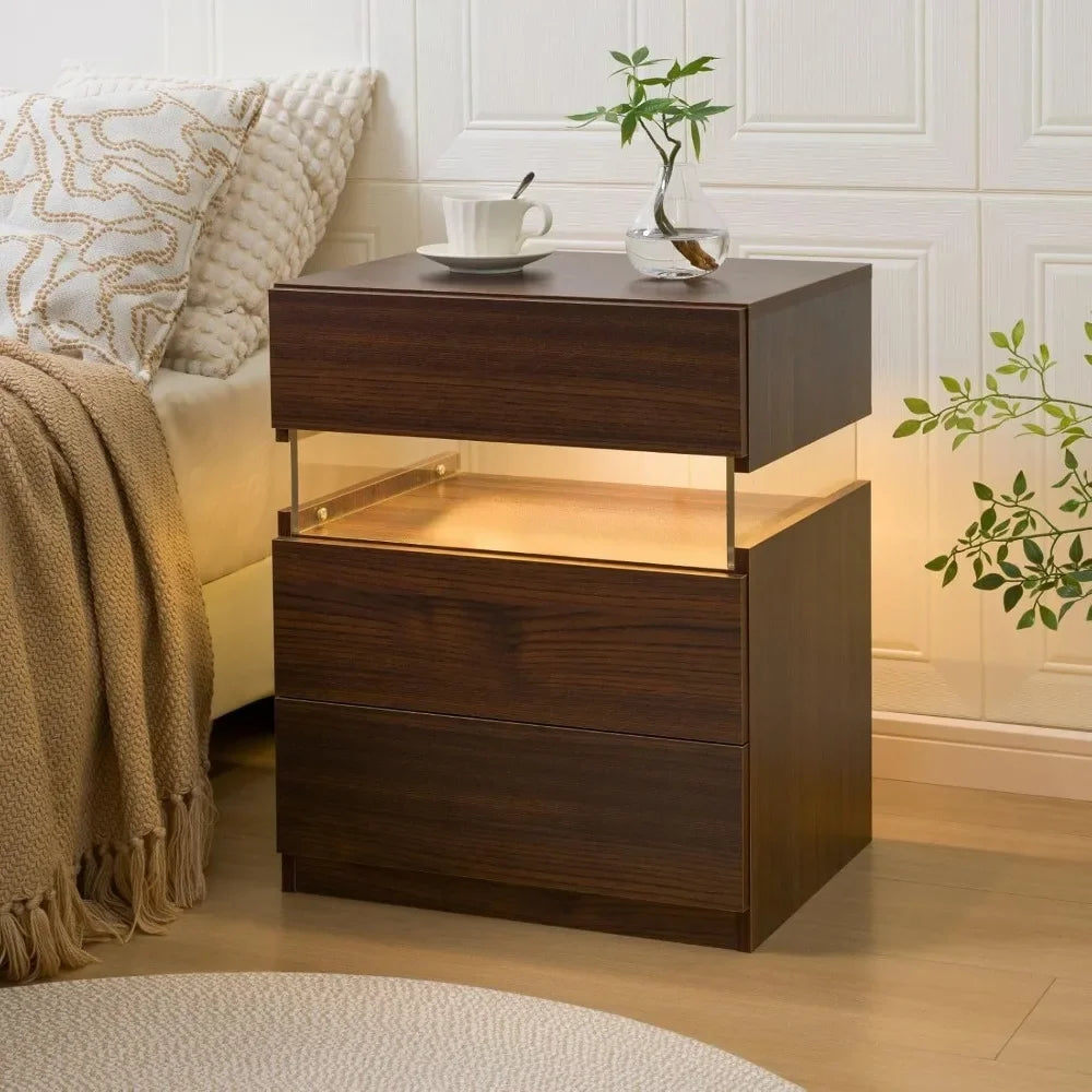 End Table or Nightstand, 3 Drawers Modern  Bedside Table End Side Table for Bedroom LED Night Stand