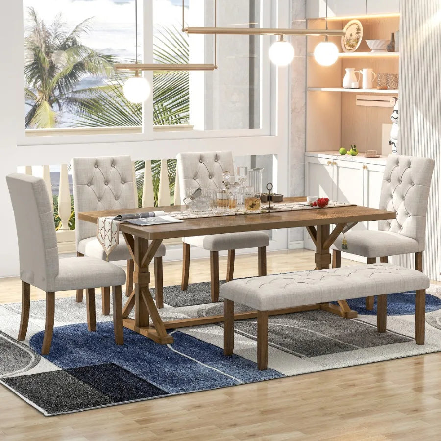 Dining Room Set 6-Piece Farmhouse Dining Table Set 72" Wood Rectangular Table, 4 Upholstered Chairs with Bench (Walnut)