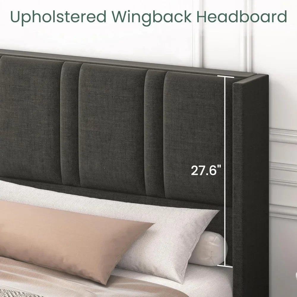 Wingback Headboard King Size or Queen Size, Linen Upholstered Platform Bed Frame with Wooden Slats, Easy Assembly