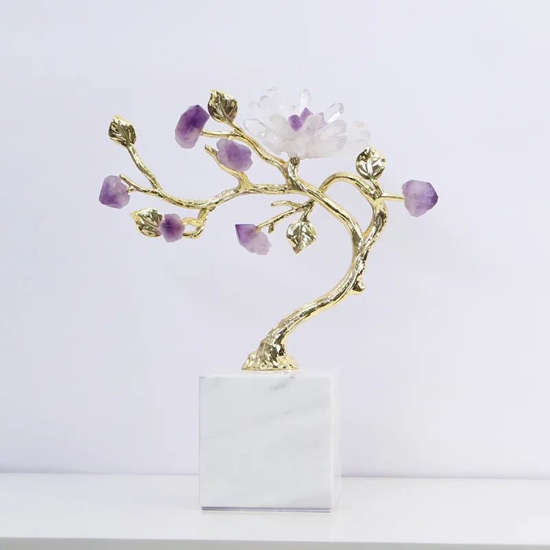 Decor Amethyst Tree Golden Crystal Simulated Plant Sculpture Flower Decorative Figurines Metal Figurine Home Accessories