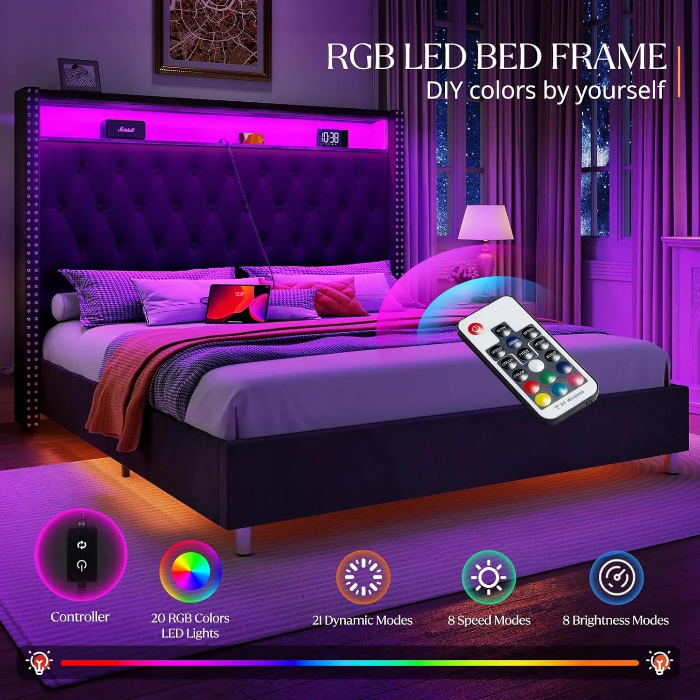 Bed Frame Queen Size with 53.6'' Tall Headboard LED Lights and Charging Station, Velvet High Upholstered Platform Bed Wingback Storag