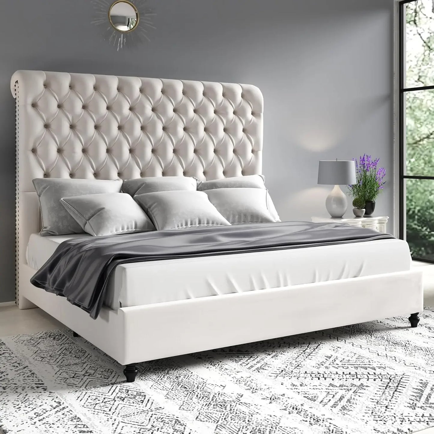 Bed Frame Queen Size or King Size with Sleigh Headboard, Velvet Upholstered Platform Beds, King Size Bed Frame