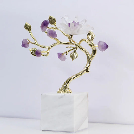 Decor Amethyst Tree Golden Crystal Simulated Plant Sculpture Flower Decorative Figurines Metal Figurine Home Accessories