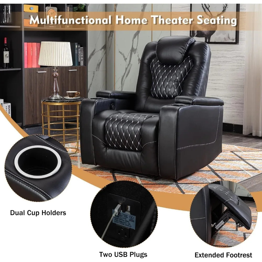 Chair Power Recliner, Chair USB Ports and Cup Holders, with Hidden Arm Storage, Overstuffed Electric Home Theater Seating Reclining