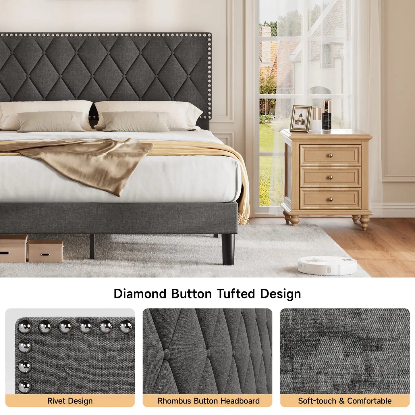 Bed Frame Queen Size with Upholstered Headboard, Queen Bed Frame with Button Tufted Adjustable Headboard,Bed Frame Queen Size