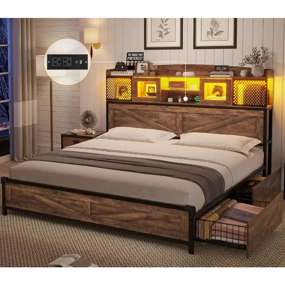 Bed Frame with LED, Queen Size with Tall Storage Headboard & 4 Drawers, Platform Metal Bed Frame with Sliding Acrylic Door