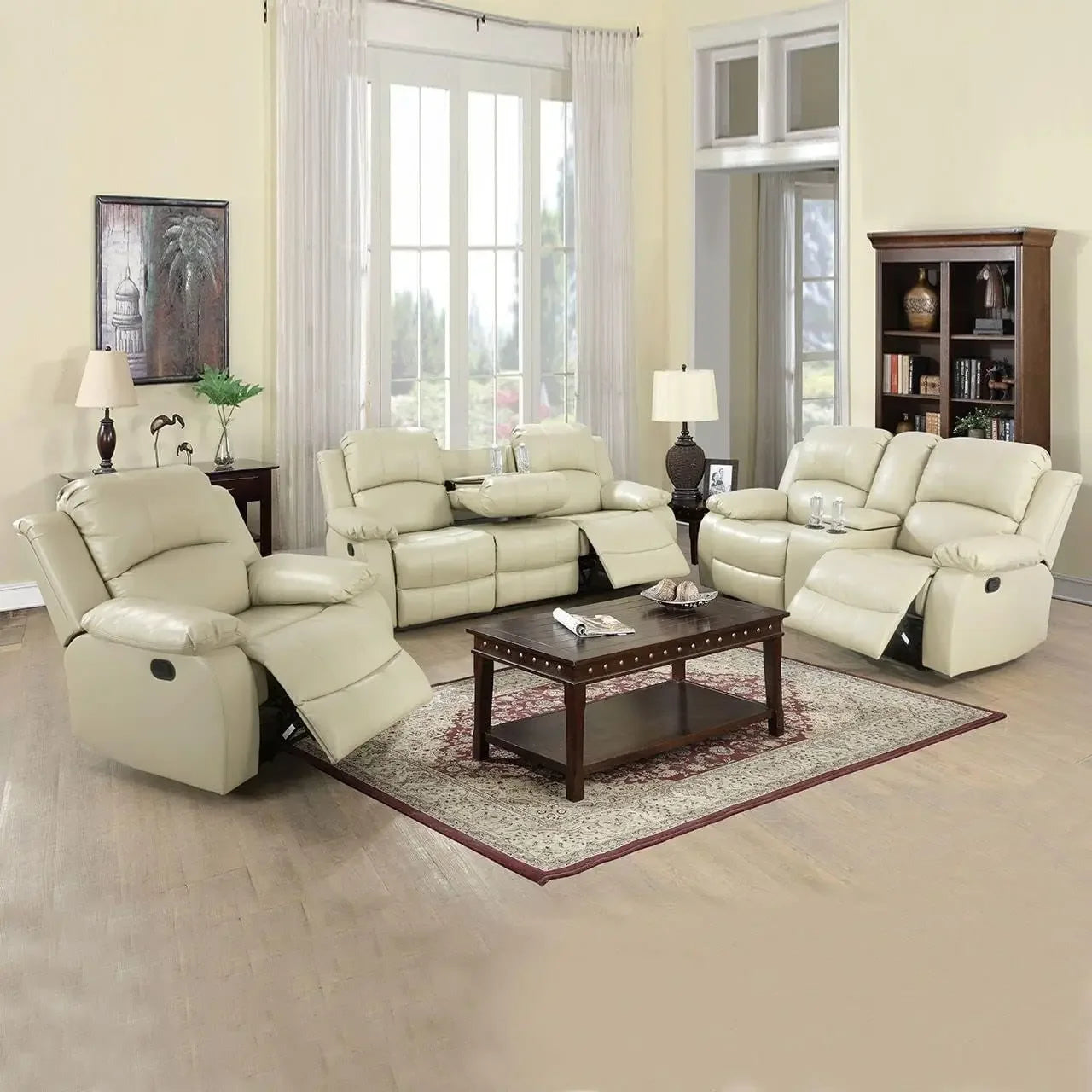 Living Room Leather Recliner Sofa Set, Leather Reclining Sofa, Loveseat, and Chair Set for Living Room Furniture Sets, Beige Recliner Couch Set(Sofa Set 3 Pieces)