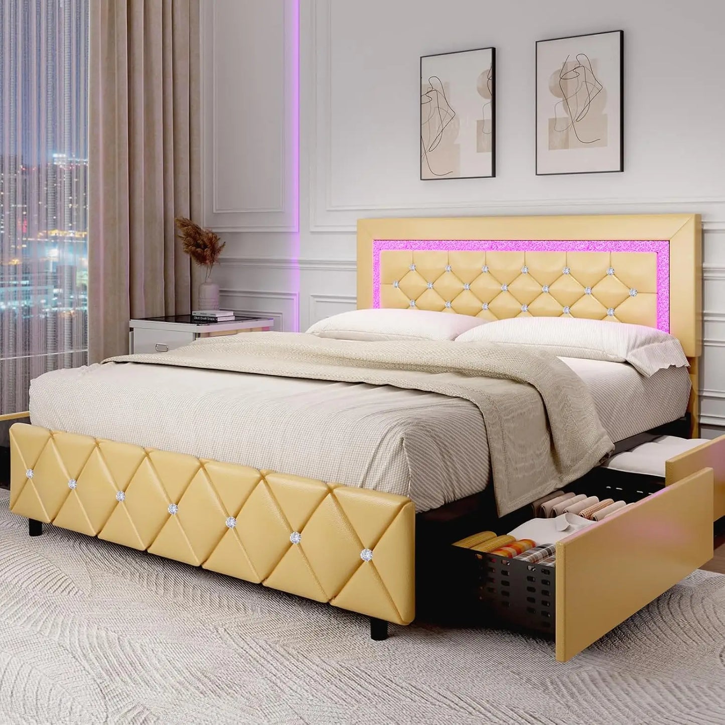 Bed Frame King Size with LED Lights and Storage Drawers, Upholstered Platform Bed with Crystal Tufted Headboard, Wooden Slats