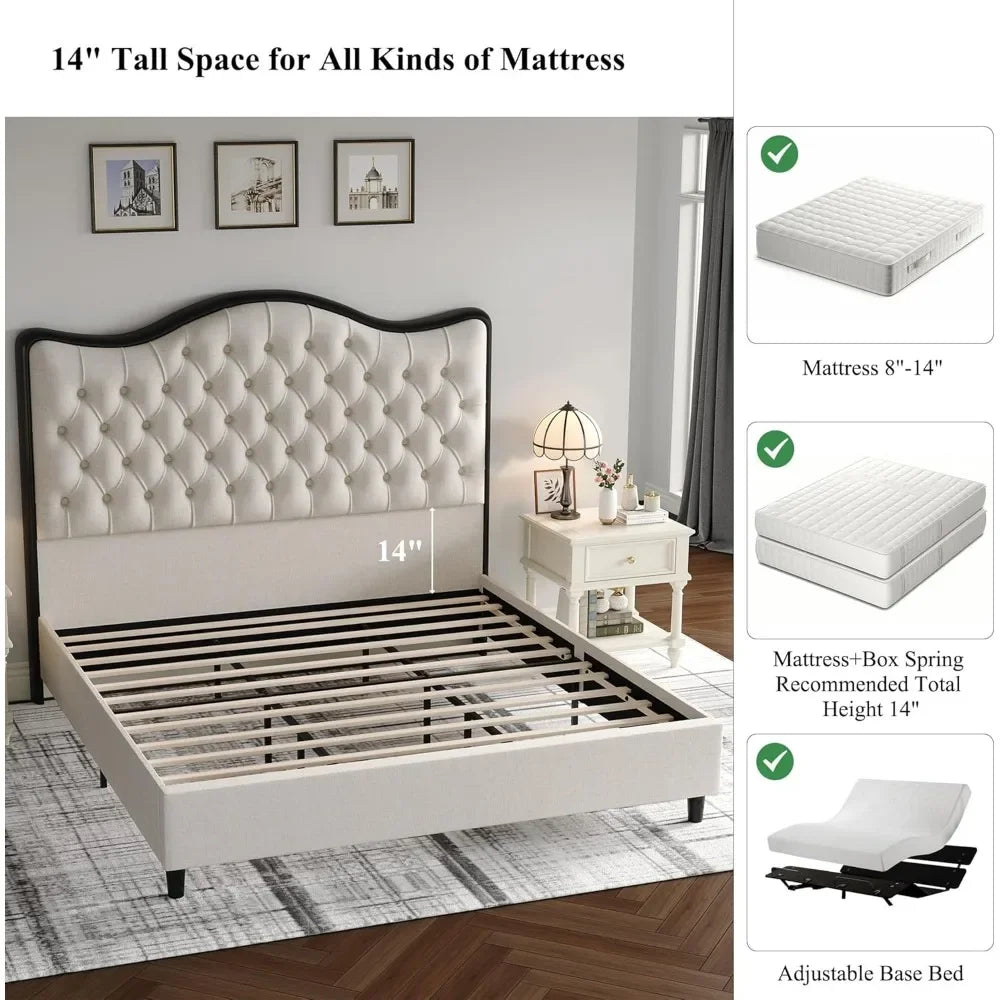 Platform Bed Frame Queen Size with 55" Tall Curved Headboard, Linen Modern Upholstered Bed Frame with Deep Tufted Button