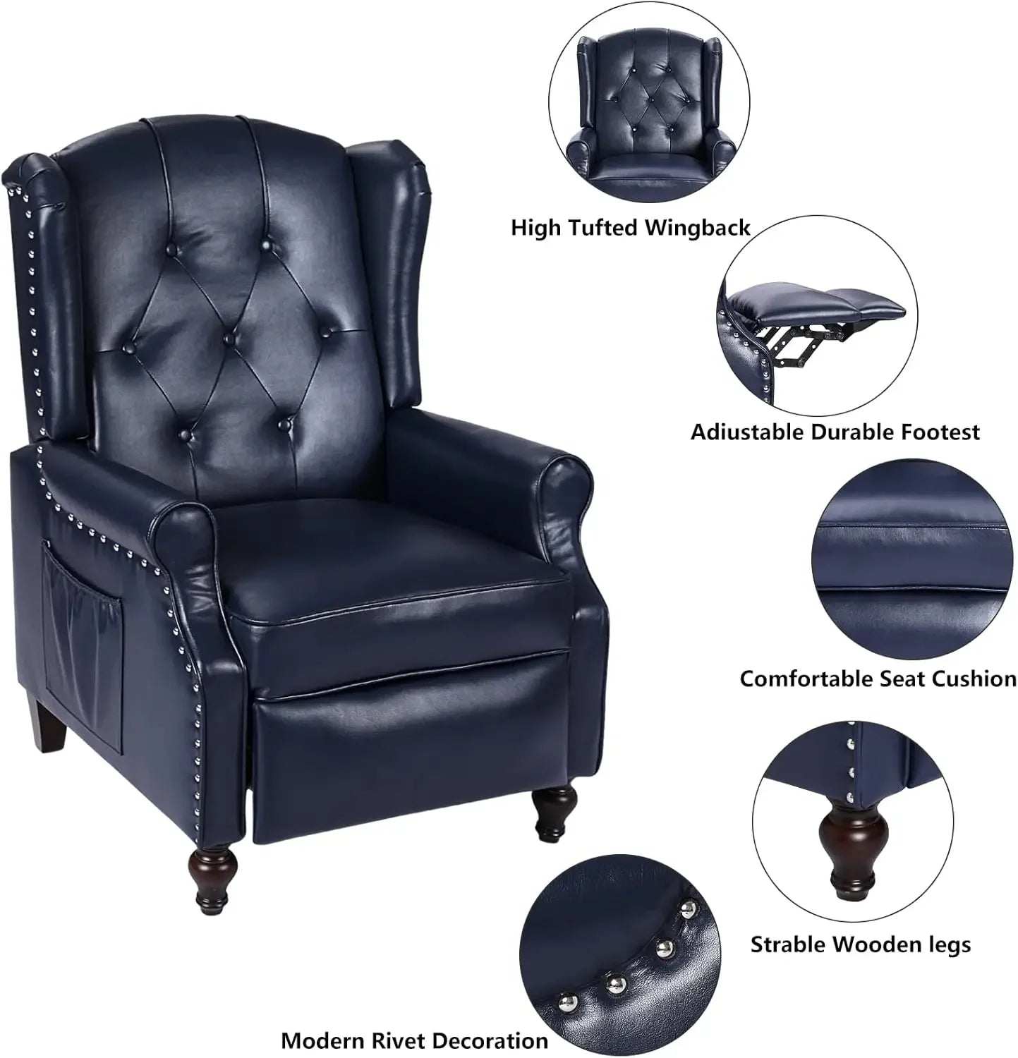 Chair Wingback Recliner Chair, Push Back Arm Chair with Heat and Massage, PU Leather Single Sofa for Home, Living Room