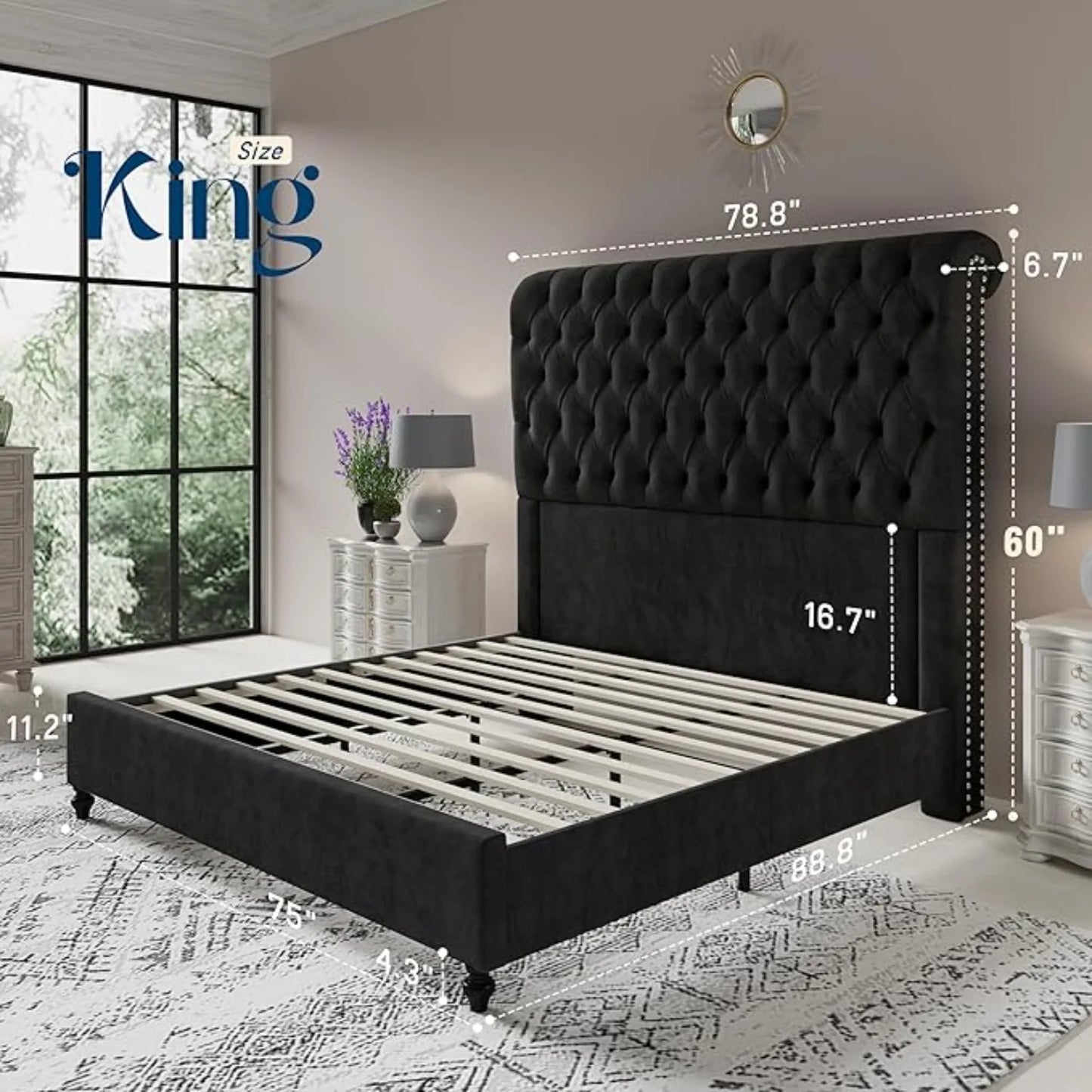 Bed Frame Queen Size or King Size with Sleigh Headboard, Velvet Upholstered Platform Beds, King Size Bed Frame