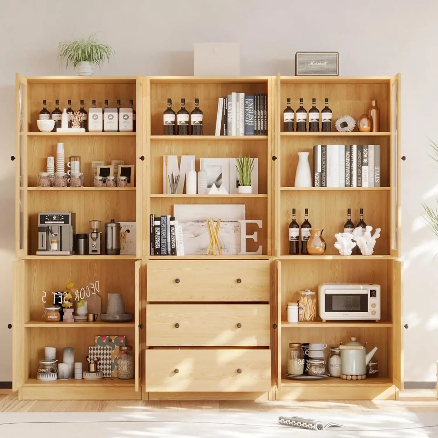 Vertical File Cabinet, 3-Tier Modern Bookshelf with 3 Large Drawer, Wood Filing Cabinet with Open Storage Shelf, Glass Doors