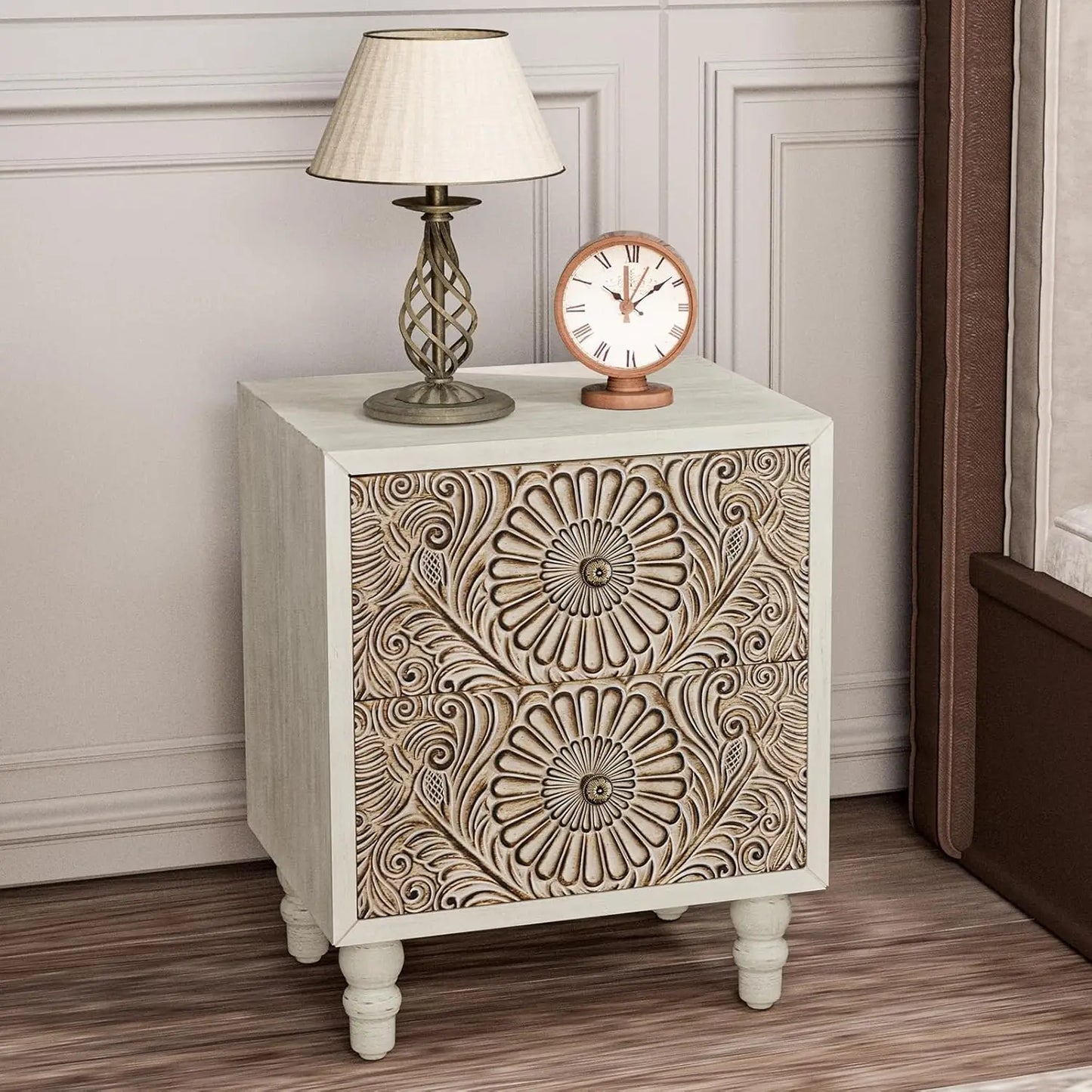 Bedside Table  Floral-Design Pair,  2-Tier Drawers Sets, Wood Grain Nightstand, Small Accent Table with Pattern Drawer Side Table Bedroom