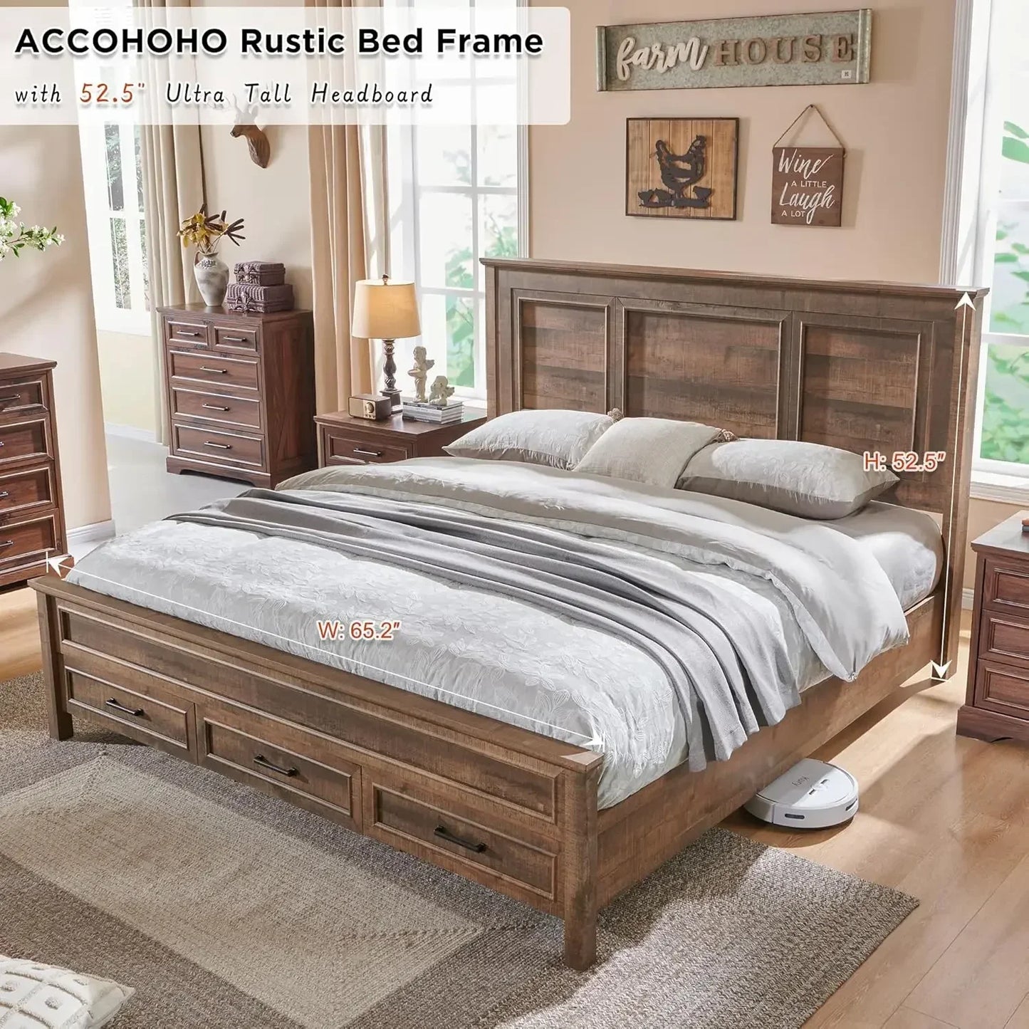 Bed Frame Farmhouse Queen Size with 52" Tall Full-Panel Headboard, Wood Platform Bedframe with Footboard and Storage Drawers