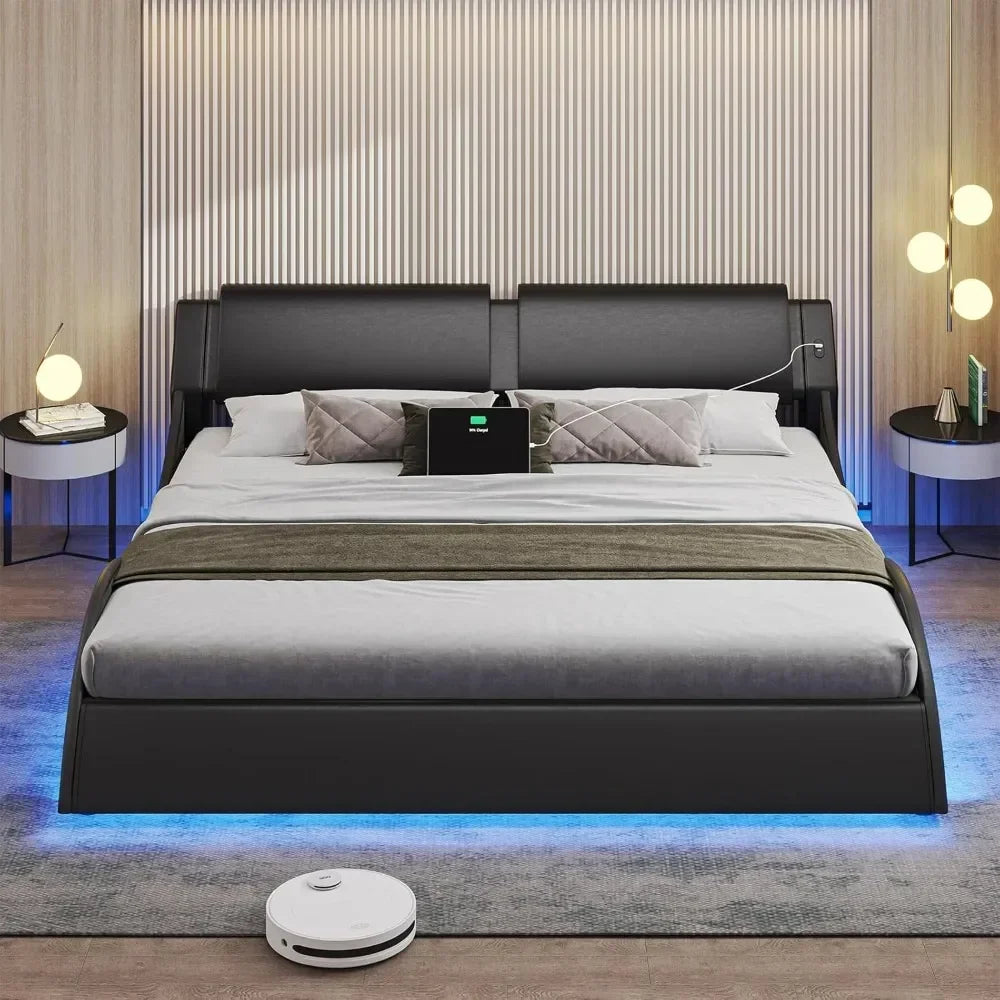 Bed Frame Queen Size or King Size or California King Size with Headboard and Led Lights, USB & Type-c Ports Faux Leather Bed, No Box Spring Needed Black