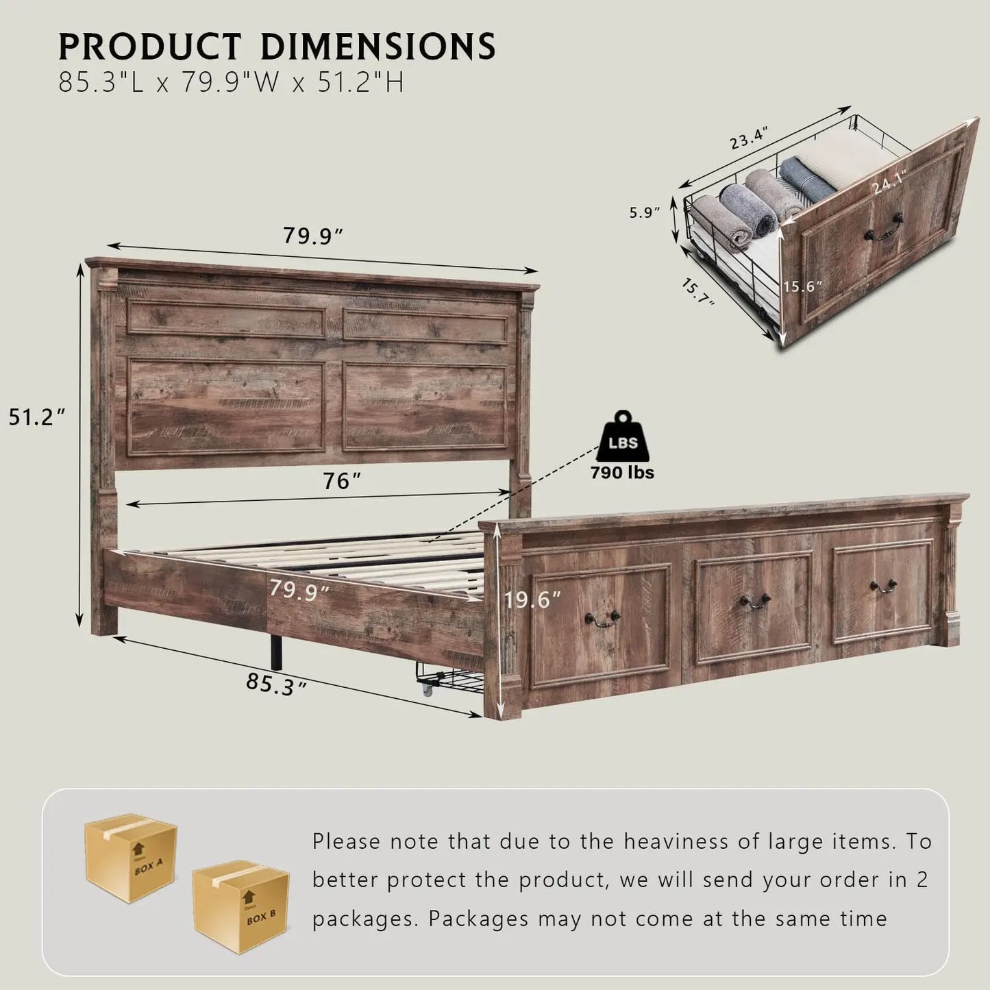 Farmhouse King Size Bed Frame with Roman Column Decoration,with 51" Tall Headboard, Wood Bed Frame with 20" Tall Footboard.