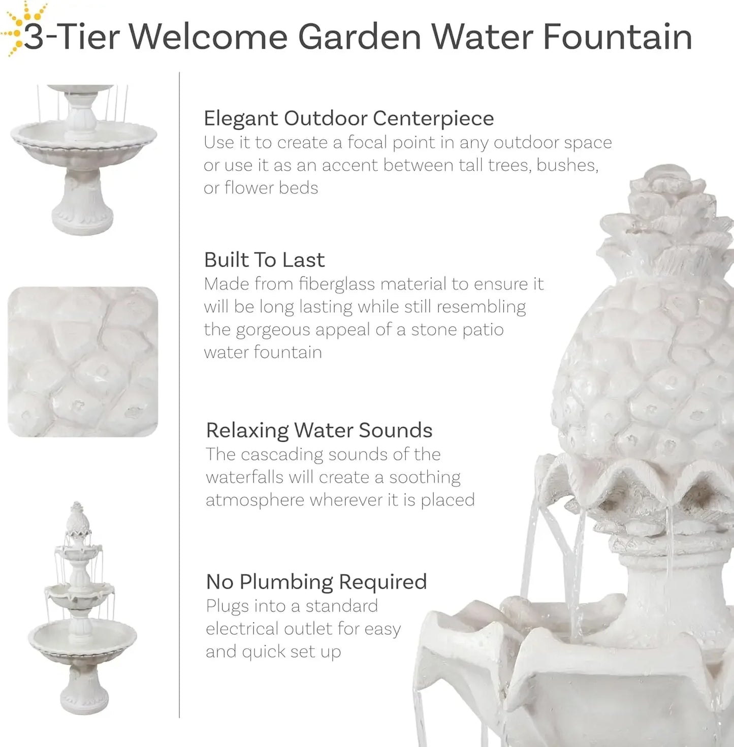 Welcome 3-Tier Outdoor Water Fountain - Large Traditional Water Feature with Pineapple Topper - White 57" He